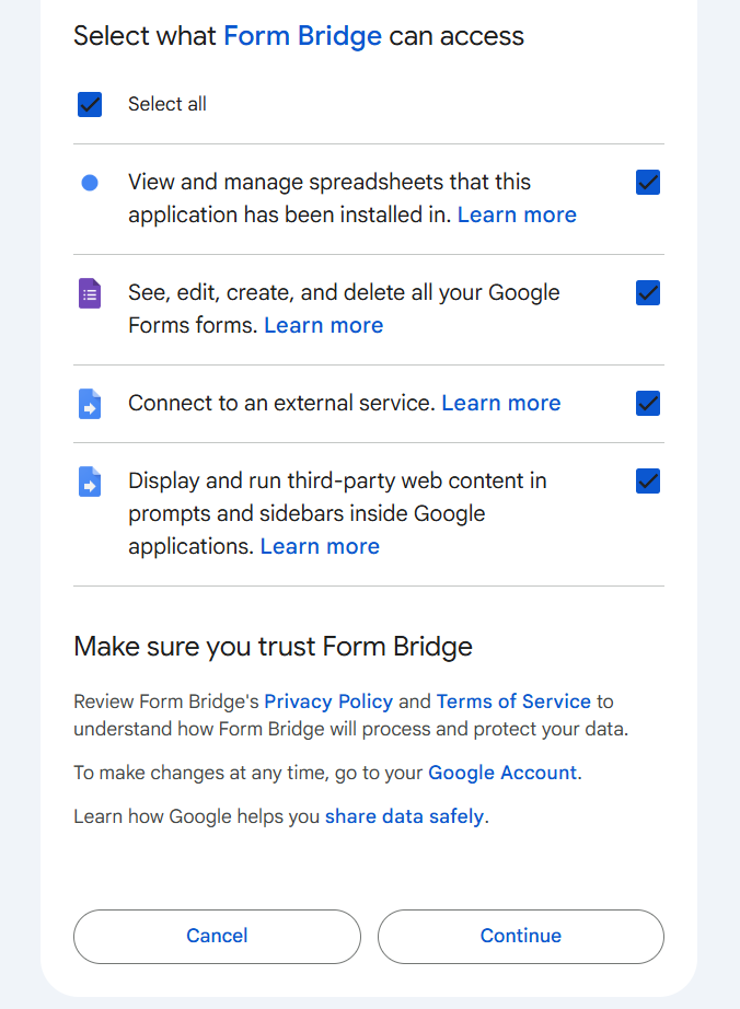 Form Bridge permissions dialog showing the four scopes required during installation