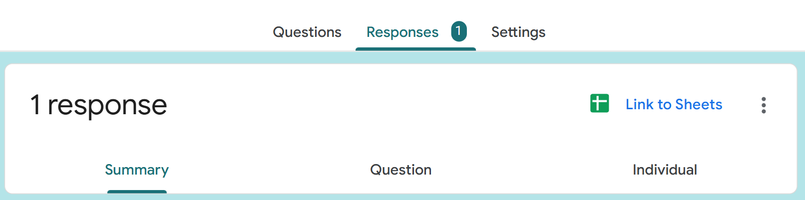 Google Forms Responses tab showing the Link to Sheets button