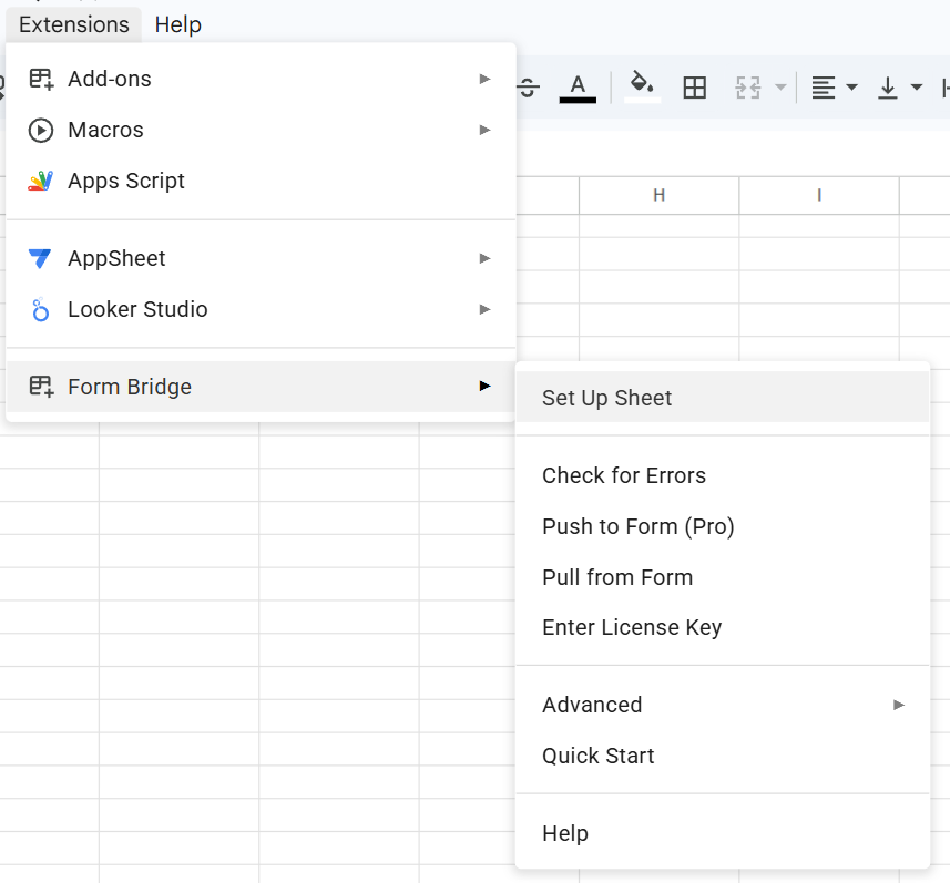 Google Sheets Extensions menu open with Form Bridge submenu visible