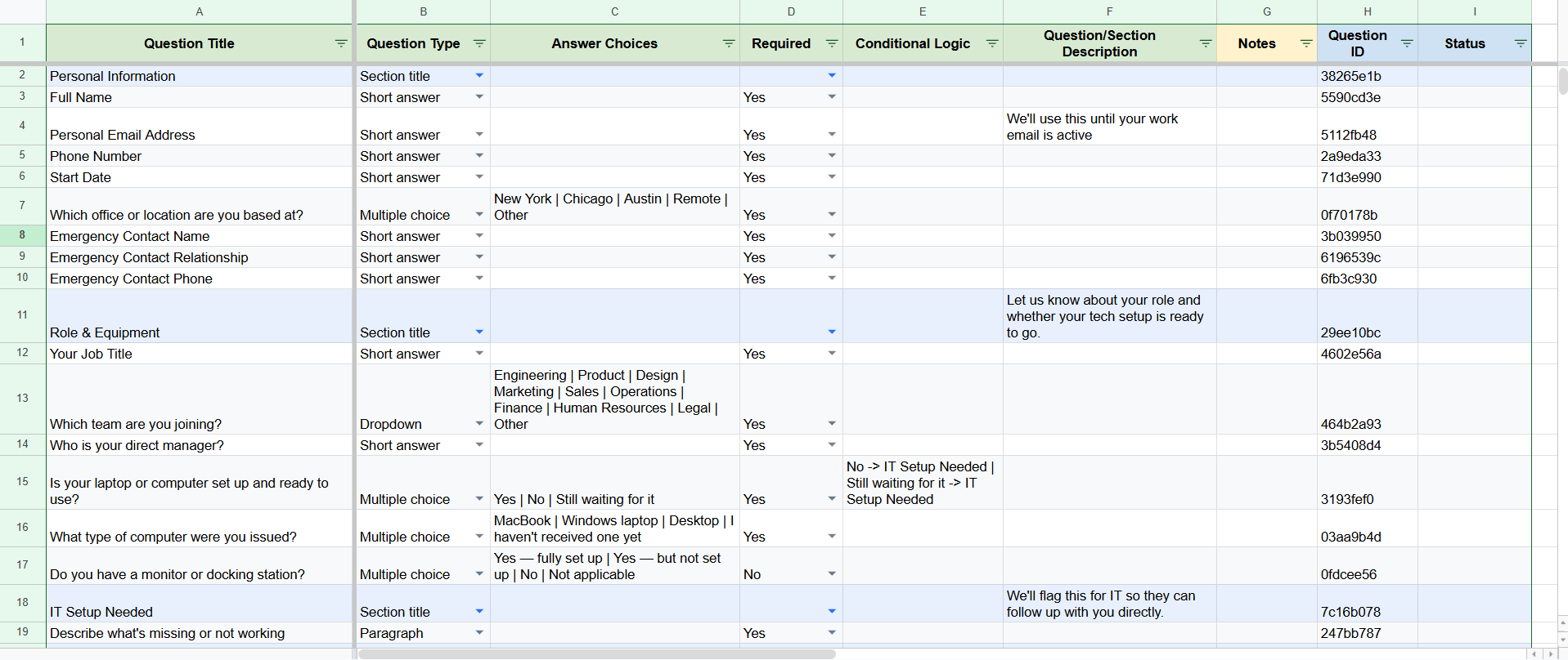 Form Questions sheet showing question rows with all 9 columns after Set Up Sheet runs