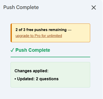 Push Complete sidebar showing successful push with trial pushes remaining banner